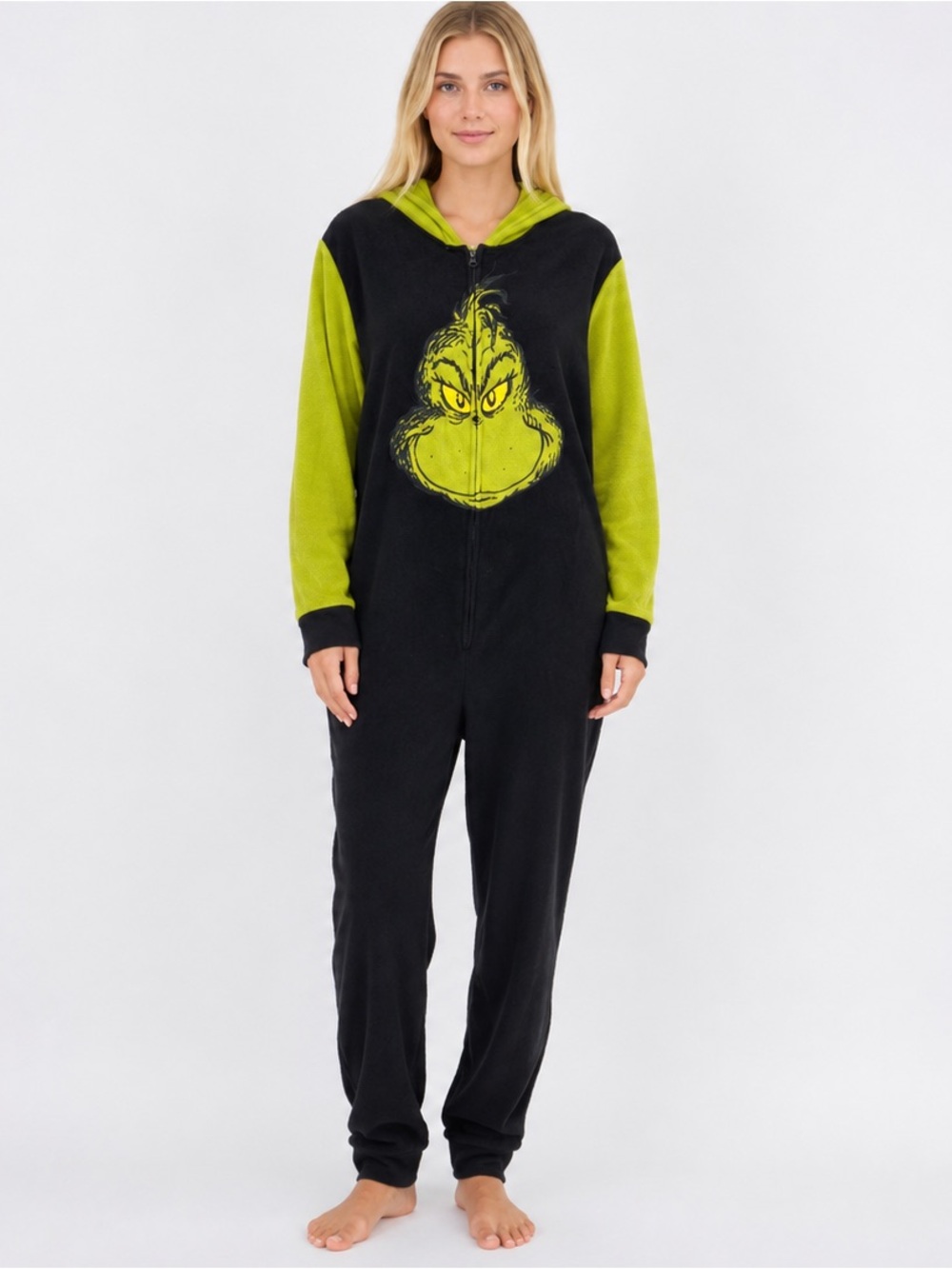 Dr. Seuss The Grinch Costume Non-Footed Hooded Pajamas Jumpsuit Size XL Juniors